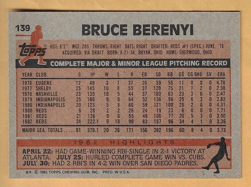 BRUCE BERENYI CINCINNATI REDS #139 - TOPPS NM-MT 1983 - Picture 2 of 2
