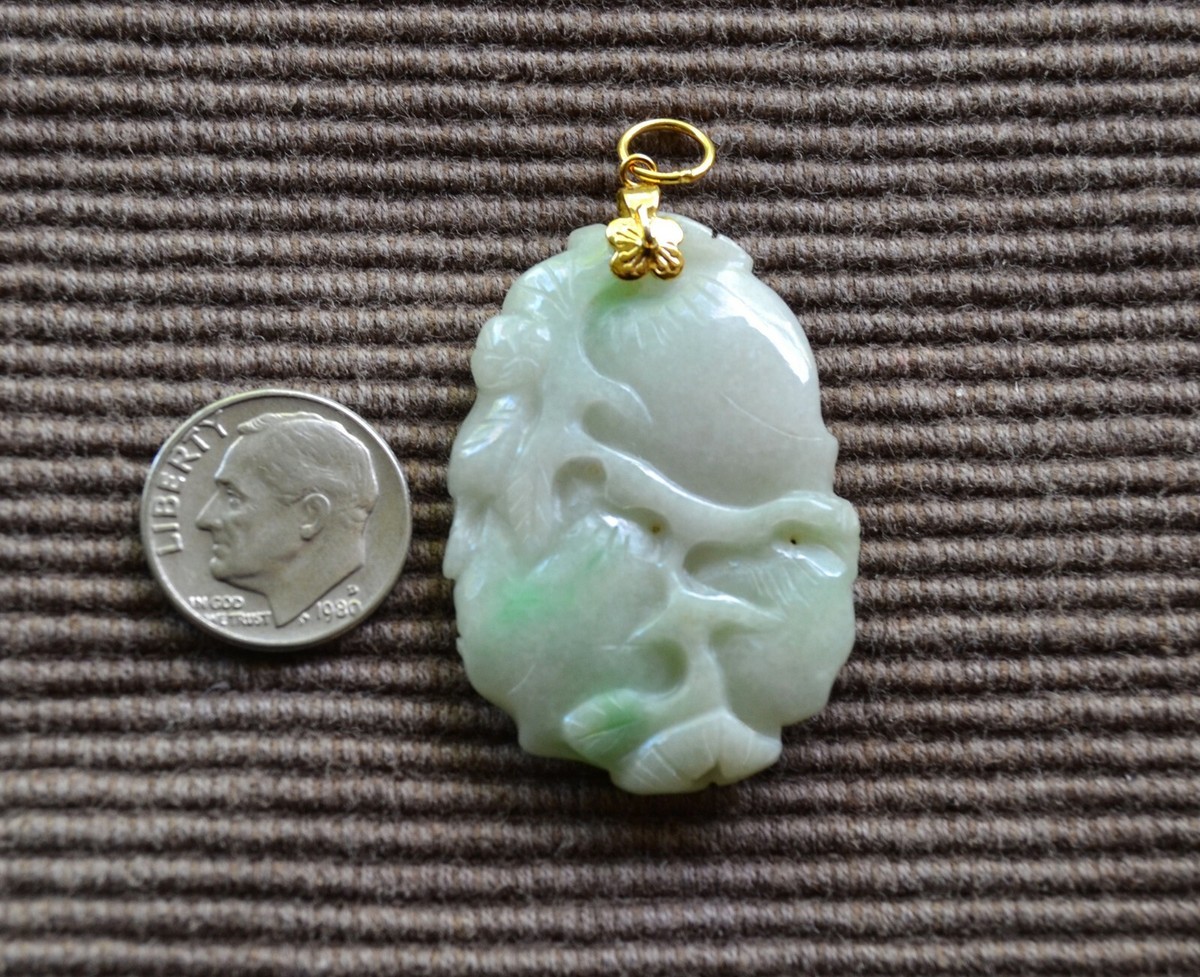 Estate Antique CHINESE Moss on Snow Hand Carved JADEITE PENDANT 14K Bale - Main Image