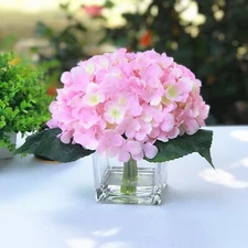 Silk Hydrangea Artificial Flower Arrangement Centerpiece Glass Vase Faux Water