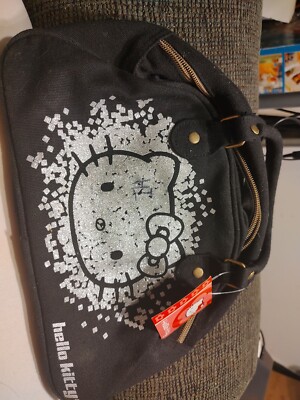 Brand New Sanrio Girls Hello Kitty Glitter Canvas Handles/Zipper Black Purse 