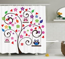 Tree with Flowers and Owls Swinging Curvy Lines Playful Design Shower Curtain
