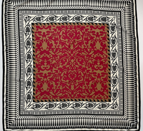 Vintage Cejon 35" Scarf Black & White Border Maroon & Gold Arabesque Center