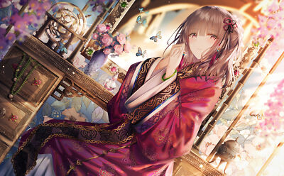 Anime girls red dress pink roses brunette looking away playmat gaming mat