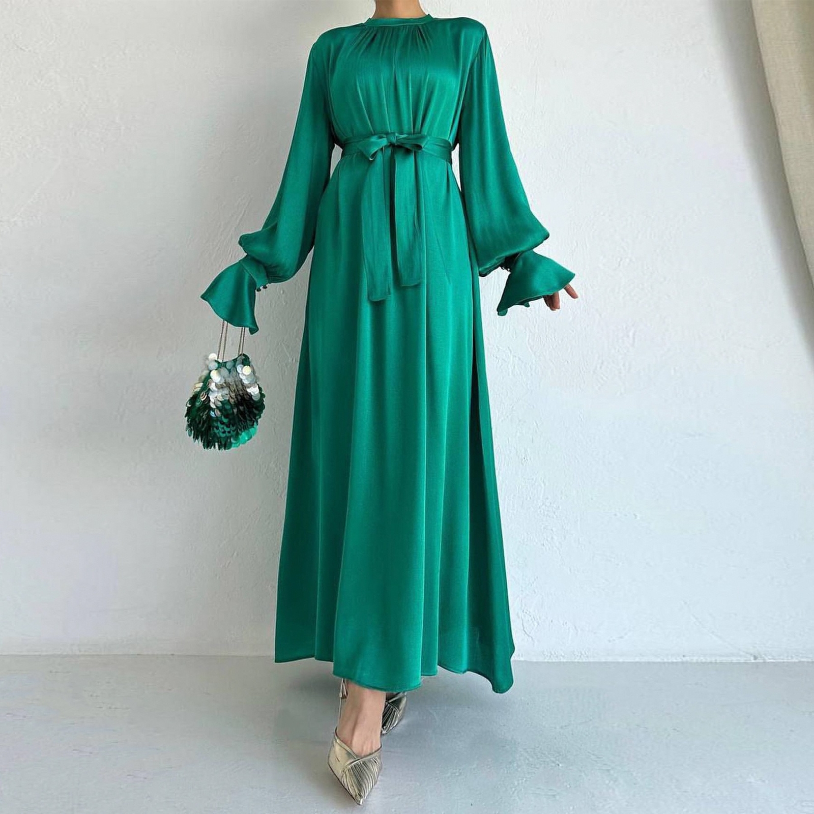 Vestidos de noche musulmanes para fiesta mangas largas satinado formales vestidos de graduación talla