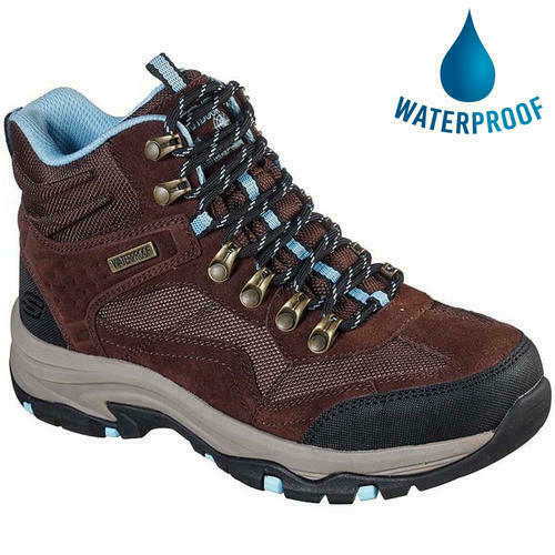 Skechers Trego Rocky Mountain women's waterproof hiking boots in chocolate and blue colorway