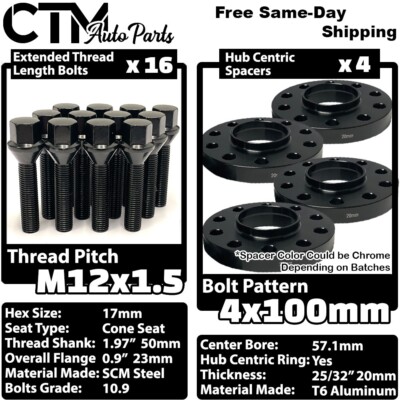 4x 20mm Thick 4x100 57.1mm CB Wheel Spacer Set Black 12x1.5 Bolt Fit BMW E30/21