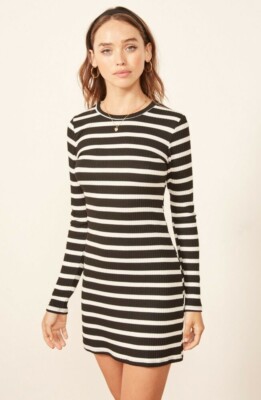 Reformation Jeanne Black White Nautical Striped Mini Jersey Dress Sz Small