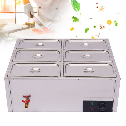 110V 850W Electric Food Warmer Commercial Bain Marie 6-Pots Heat Pan Lids Buffet