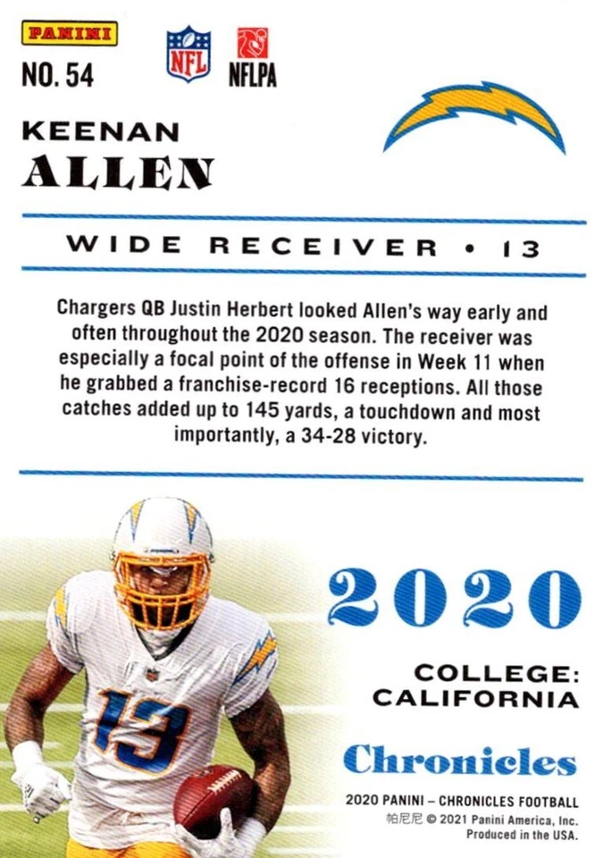 2021 Panini Impeccable Keenan Allen Los Angeles Chargers #54 - Image 2 of 2
