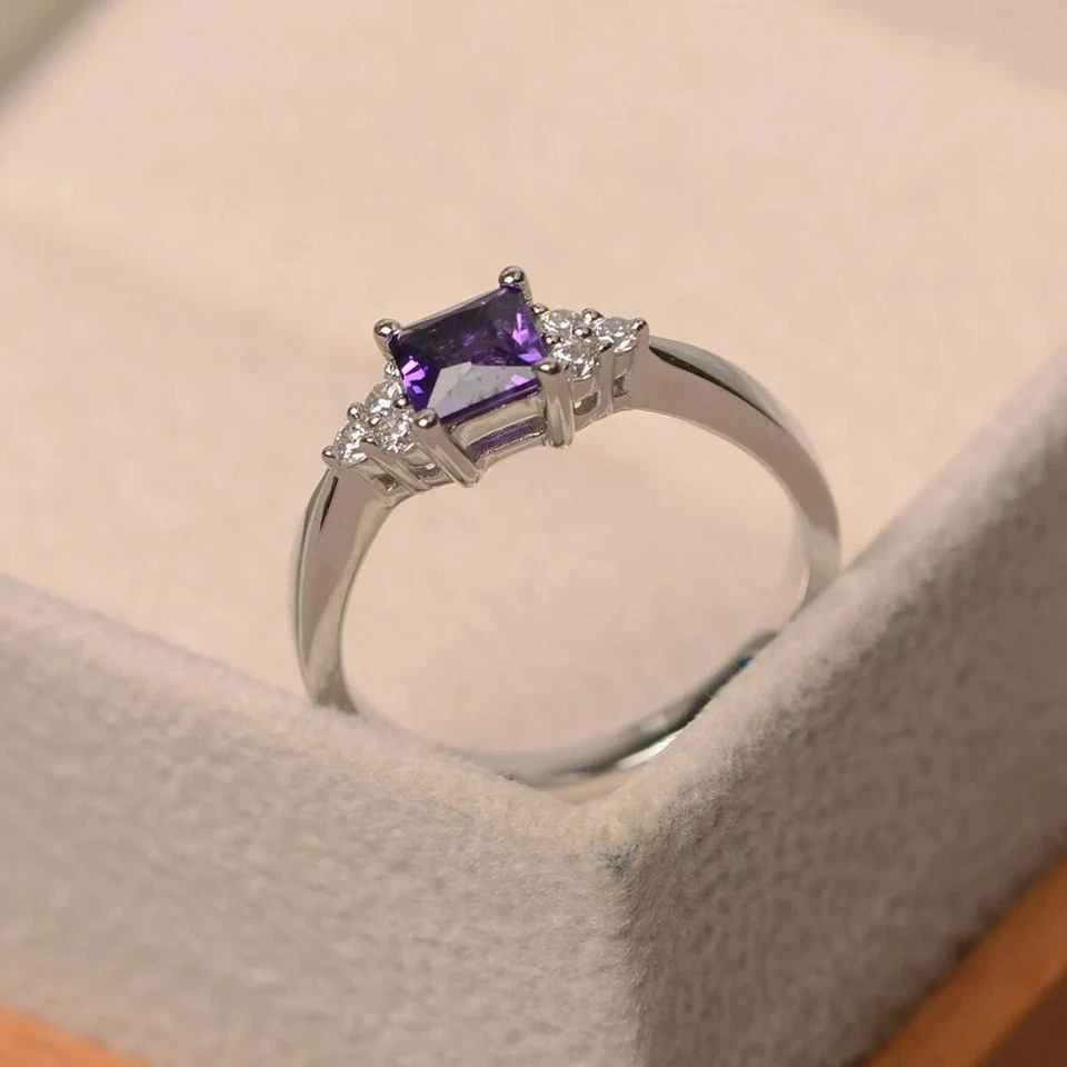 Natural Amethyst Women Ring Princess Cut Gemstone 925 Sterling Silver Ring - Image 3 of 4