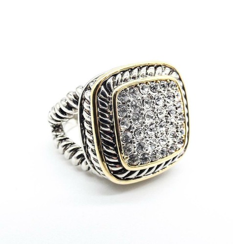 LUXURIOUS Chunky 18kt Gold Plated Pave Crystals Square Twisting Cable Bands Ring - Picture 2 of 12