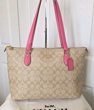 Coach Signature Large Gallery Tote Canvas Leather Lt Khaki / Petunia Shoulderbag
