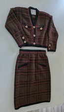 Vintage Adolfo Neiman Marcus Chocolate Brown Knit Plaid Women's Suit