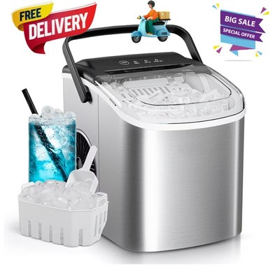 Countertop Self-Cleaning Ice Maker with Handle 26Lbs/24H w/Basket and Scoop NEW