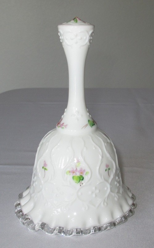 FENTON Hand Painted Signed "K. Blake" Ruffled Silver Crest Bell Violets in Snow