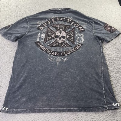 Affliction Polo Shirt Mens XXL Gray Faded Skull Cross Embroidered Grunge Y2K