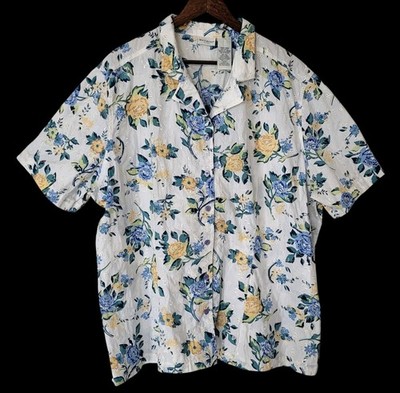 WHITE STAG Floral Eyelet Button Camp Shirt Blouse Yellow/Blue 100% Cotton 26/28W