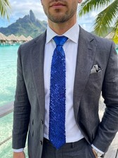 NEW Men Women Fashion Silk Fabric Tuxedo Party Narrow Neck Tie Blue Suit Sequins