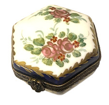 Limoges France Hand-Painted Porcelain Trinket Box with Floral Decoration and Cherub Clasp