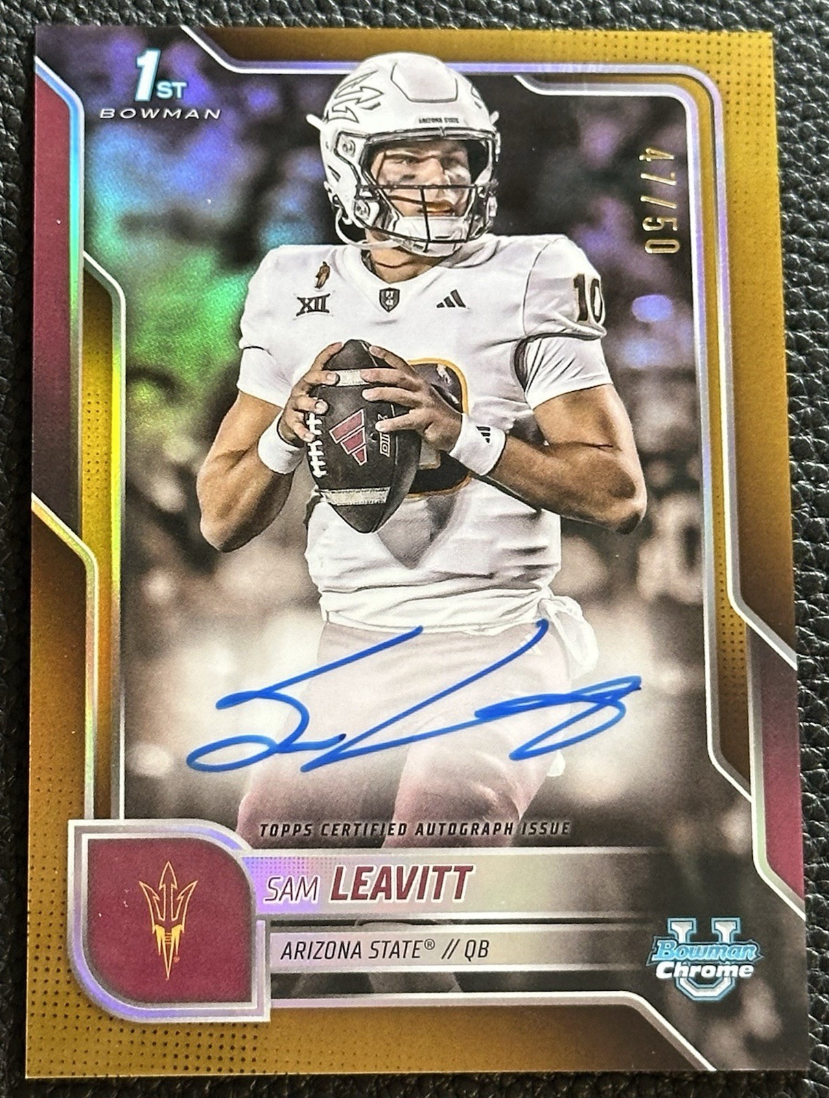 2025 Bowman Chrome University Sam Leavitt Gold Refractor 1st Auto #/50 ASU