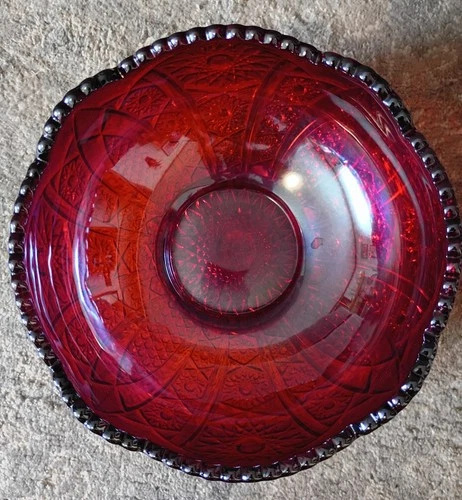 Vintage Red Amberina Carnival Glass Decorative Bowl w/ Sawtooth Rim 8"