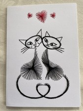 Card Cats Anniversary Valentines Day Love Hearts Tails Cat Handmade Stitched