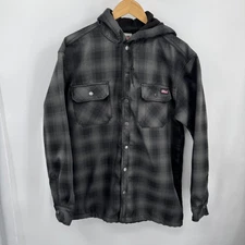 Dickies Shirt Jacket Mens Medium Gray Plaid Hooded Flannel Fleece Lined Snap