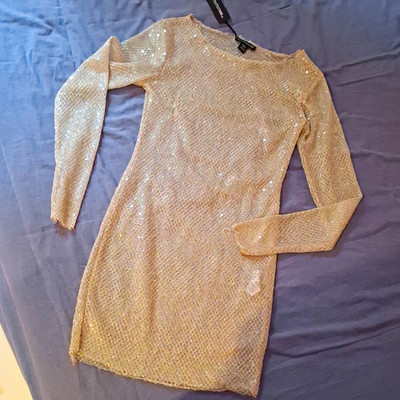 PrettyLittleThing Kleid Gold Gr.36 Netzkleid  Minikleid  Pailletten  Langarm