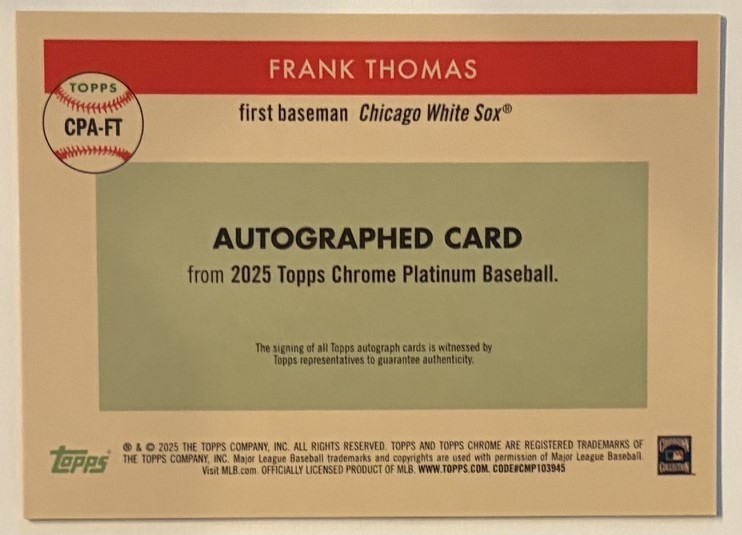 Frank Thomas 2025 Topps Chrome Platinum Gold Auto /50 view 2