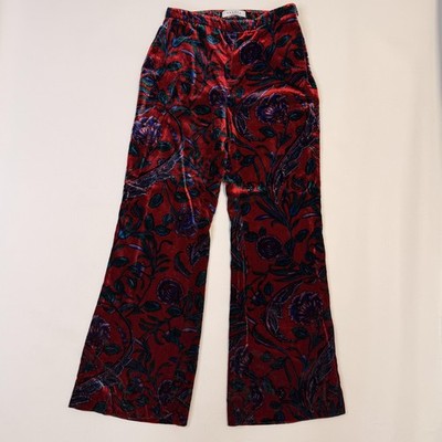 Sandro Pants Womens 36 Red Velvet Floral Wide Leg Zip Pockets Party Cocktail