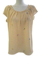 Lauren Conrad Yellow Tartan Palm Trees Round Neck Short Sleeve Pullover Top Sz L