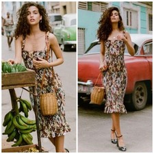 Faithfull the Brand Maya Floral Cuba Libre Smocked Midi Linen Dress, Size 4/S