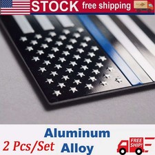 2pc 3d Aluminum Police Officer Thin Blue Line American Flag Decal Sticker Emblem