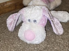 Aurora Baby Small Plush Puppy Dog Pink / Purple White Satin Ears 12" Laying