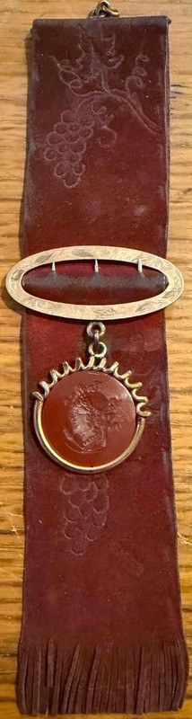 Watch fob: ANTIQUE, gold buckle, goddess carnelian, 6.25 x 1.25" (Lot #364)