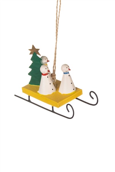 Shoeless Joe Novelty Metal Vibrant Snowmen on Sleigh Christmas Tree Decoration