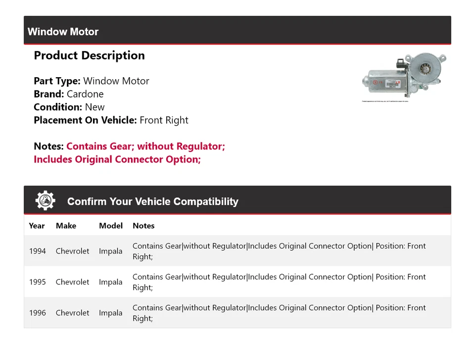 Para 1994-1996 Chevrolet Impala motor de janela dianteiro direito Cardone 1995 - Imagem 2 de 4