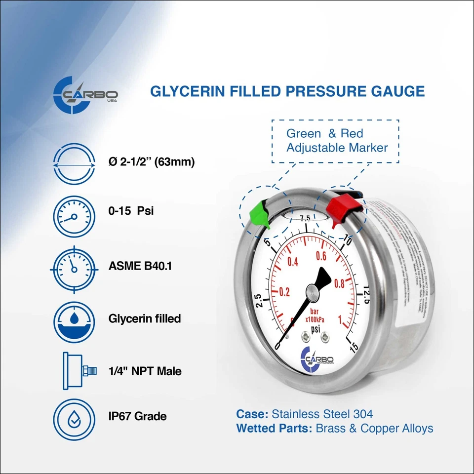 2.5" LIQUID FILLED PRESSURE GAUGE 0 - 15 PSI, STAINLESS STEEL CASE BACK  MOUNT - Image 2 of 4