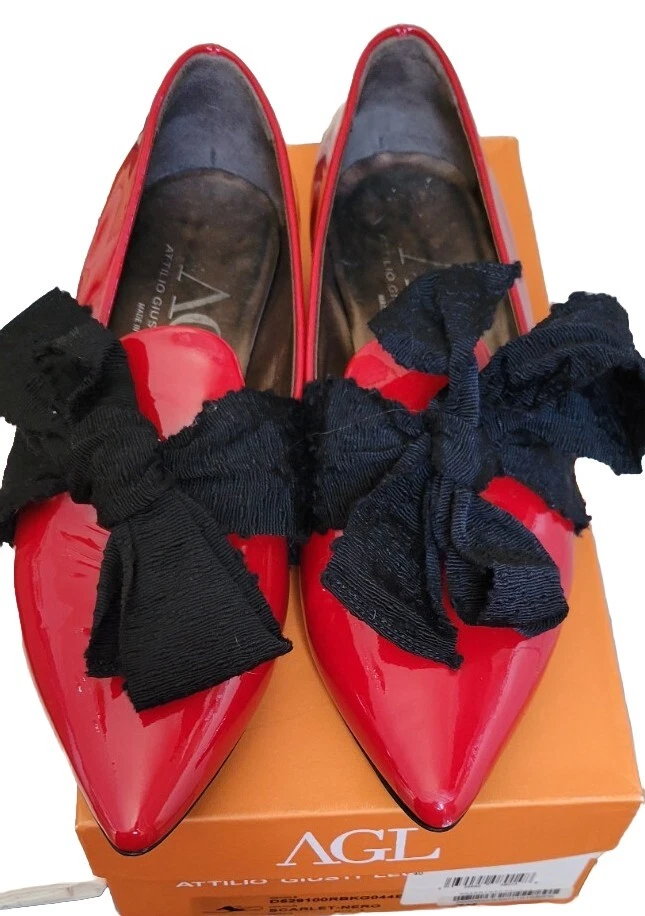 AGL Zapatos de charol rojo para dama 40 lazo negro, atrevidos, hechos en Italia Foto 2 de 4