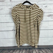 Doe Rae Top Shirt Womens Large Brown Cream Striped Waffle Knit Hood Puff Sleeve