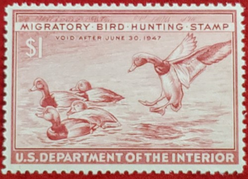 US # RW13 1946 $1.00 FEDERAL DUCK STAMP - REDHEAD DUCKS MINT NH, OG F/VF - Picture 3 of 4
