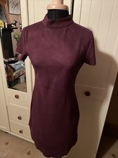 Ladies Mini Dress Size 8 Purple Microfibre Stretch Short Sleeve High Neck