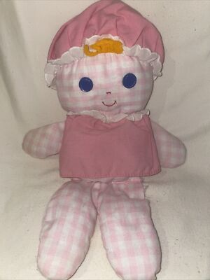 Fisher Price Lolly Dolly Vintage 1975 Doll #420 Pink Check Gingham Rattle 