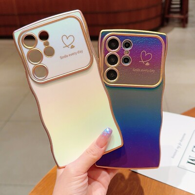 For Samsung S22 S23 S24+ S25 Ultra Wave Curly Slim Case Love Heart Camera Cover