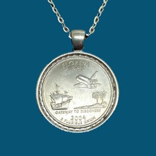 Florida Quarter Coin Pendant Necklace Choose Bezel Color and Chain Length