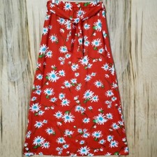 Town and Country Vintage Red Floral Maxi Skirt 70s Polyester with Belt Size Lg