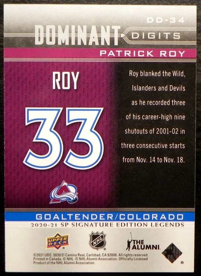2020-21 20/21 SP Signature Edition Legends Dominant Digits DD-34 Patrick Roy - Image 2 of 2