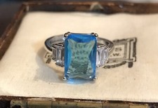 Vintage Style Jewellery Blue Topaz And White Crystal Ring 18K White Gold Plated
