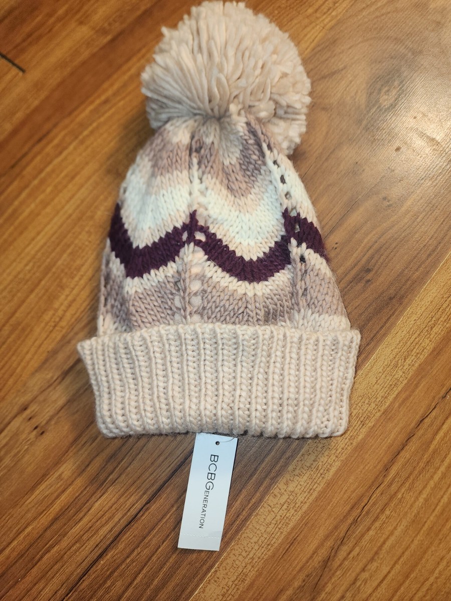 BCBGENERATION Maroon Red Burgundy Tan Pom Pom Beanie Hat Knit