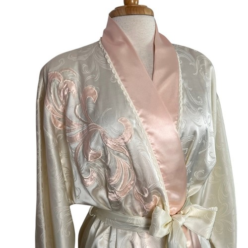 Vintage Natori Saks Kimono Robe Womens Small Ivory & Pink Satin Floral Appliqué - Picture 4 of 8